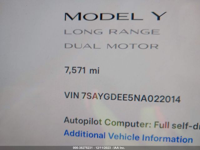 7SAYGDEE5NA022014 Tesla Model Y Long Range