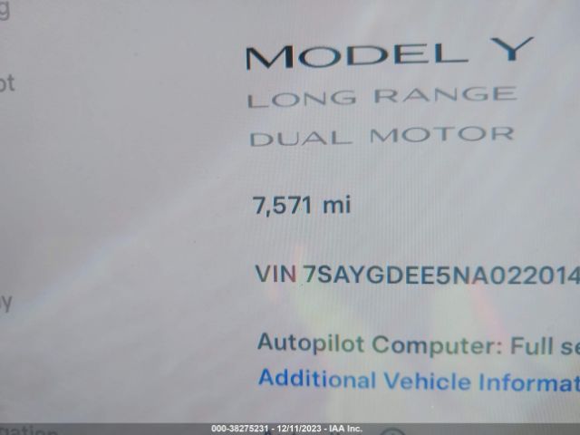 7SAYGDEE5NA022014 Tesla Model Y Long Range