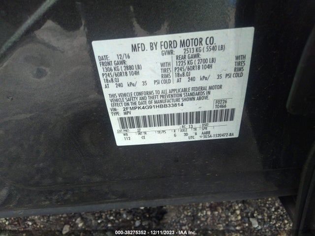2017 FORD EDGE SE VIN: 2FMPK4G91HBB33814