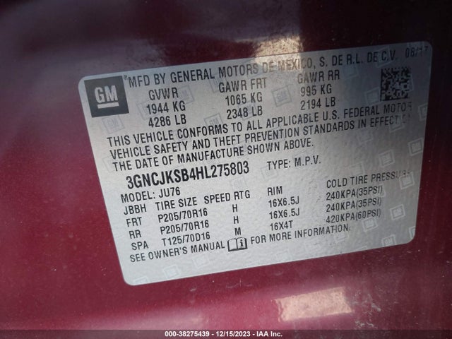 Chevrolet TRAX LS 2017 3GNCJKSB4HL275803 Image 9