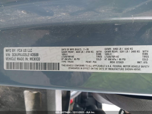 RAM Promaster Cargo Van High Roof 2020 3C6URVJG5LE143688 Image 9