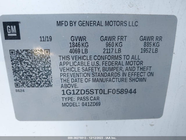 2020 CHEVROLET MALIBU FWD LT VIN: 1G1ZD5ST0LF058944