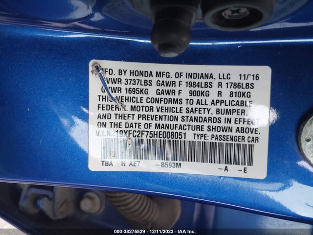 Honda CIVIC EX 2017 19XFC2F75HE008051 Image 9