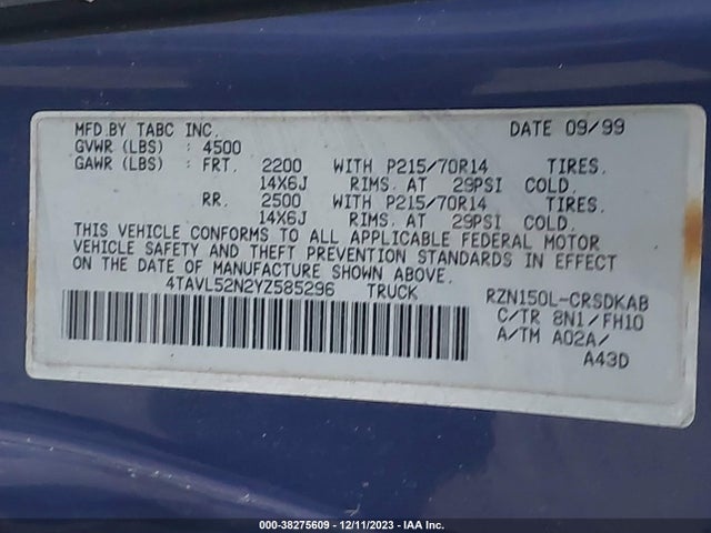 2000 TOYOTA TACOMA VIN: 4TAVL52N2YZ585296