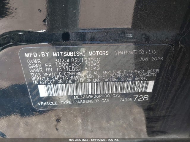 2024 MITSUBISHI MIRAGE SE VIN: ML32AWHJ6RH001032