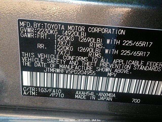 2023 TOYOTA RAV4 XLE HYBRID VIN: JTMRWRFV5PD204955