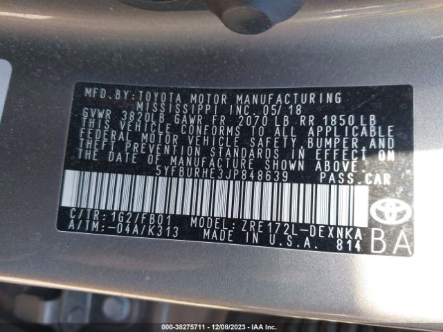 5YFBURHE3JP848639 Toyota Corolla L/le/se/xle/xse