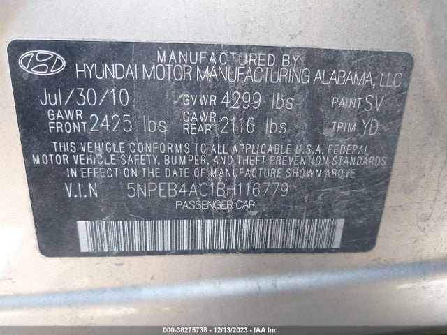 2011 HYUNDAI SONATA GLS PZEV VIN: 5NPEB4AC1BH116779