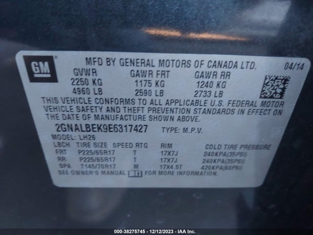 Chevrolet EQUINOX 1LT 2014 2GNALBEK9E6317427 Image 9