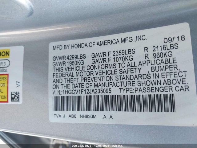 Honda ACCORD LX 2018 1HGCV1F12JA235095 Image 9
