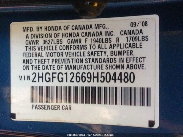 2009 HONDA CIVIC CPE 2HGFG12669H504480 Photo 8