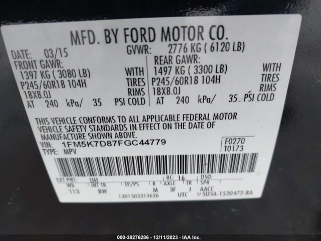 2015 FORD EXPLORER XLT VIN: 1FM5K7D87FGC44779