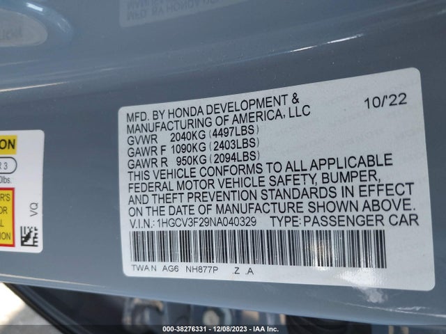 2022 HONDA ACCORD HYBRID SPORT VIN: 1HGCV3F29NA040329