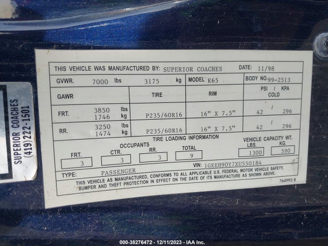 1999 CADILLAC DEVILLE PROFESSIONAL 1GEEH90Y7XU550184 Photo 8