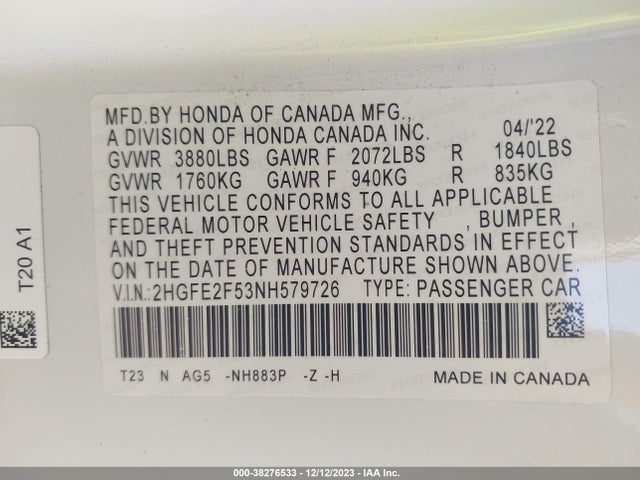 2022 HONDA CIVIC SPORT VIN: 2HGFE2F53NH579726