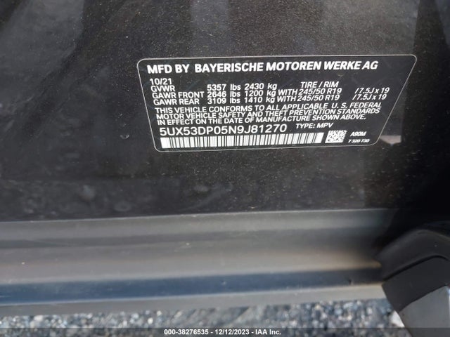 2022 BMW X3 XDRIVE30I VIN: 5UX53DP05N9J81270