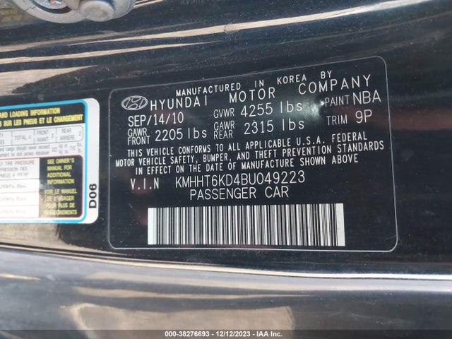 2011 HYUNDAI GENESIS 2.0T VIN: KMHHT6KD4BU049223