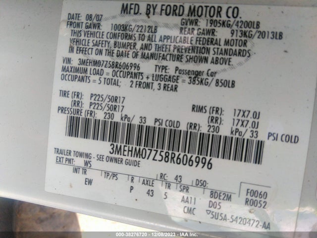 2008 MERCURY MILAN I4 VIN: 3MEHM07Z58R606996