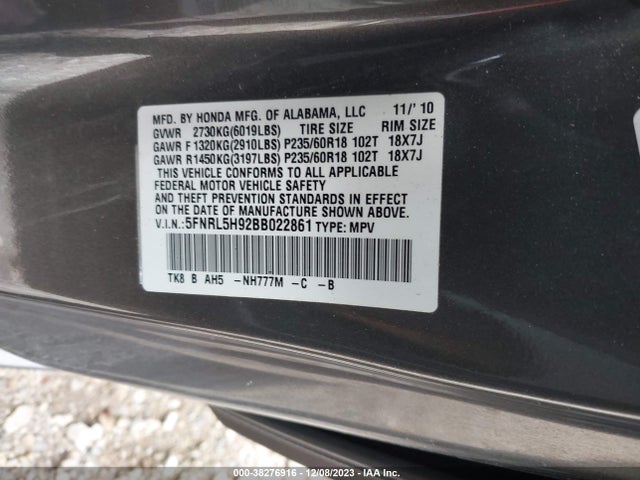 2011 HONDA ODYSSEY TOURING/TOURING ELITE VIN: 5FNRL5H92BB022861