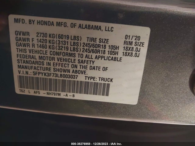 Honda Ridgeline Rtl-e 2020 5FPYK3F73LB003037 Image 9