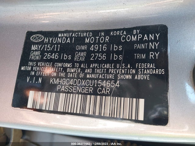 2012 HYUNDAI GENESIS 3.8 VIN: KMHGC4DDXCU154654