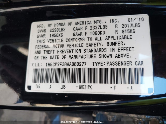 2010 HONDA ACCORD 2.4 LX VIN: 1HGCP2F38AA080277