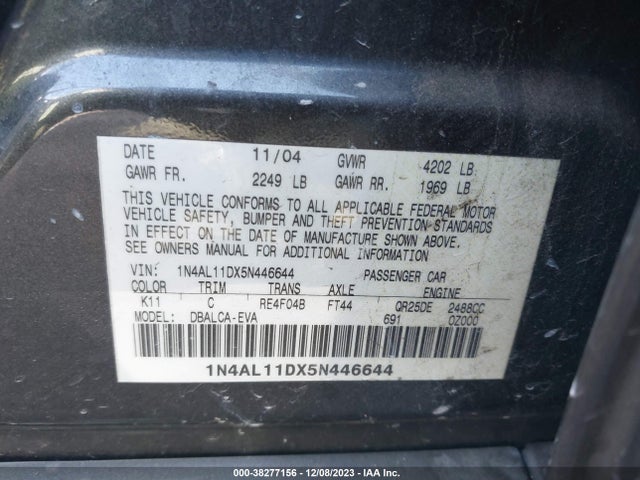 2005 NISSAN ALTIMA 2.5 S VIN: 1N4AL11DX5N446644