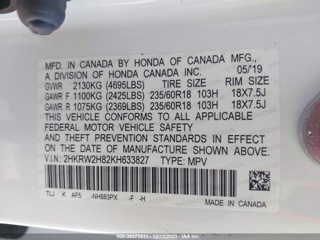 Honda Cr-v Ex-l 2019 2HKRW2H82KH633827 Image 8