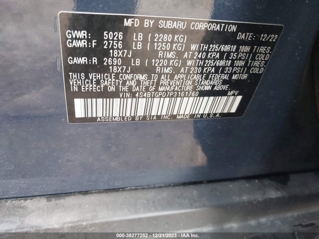 4S4BTGPD7P3161760 Subaru Outback Touring Xt