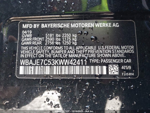 BMW 540i Xdrive 2019 WBAJE7C53KWW42411 Image 9