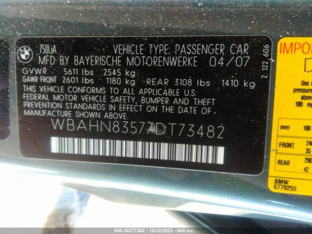 2007 BMW 7 SERIES WBAHN83577DT73482 Photo 8