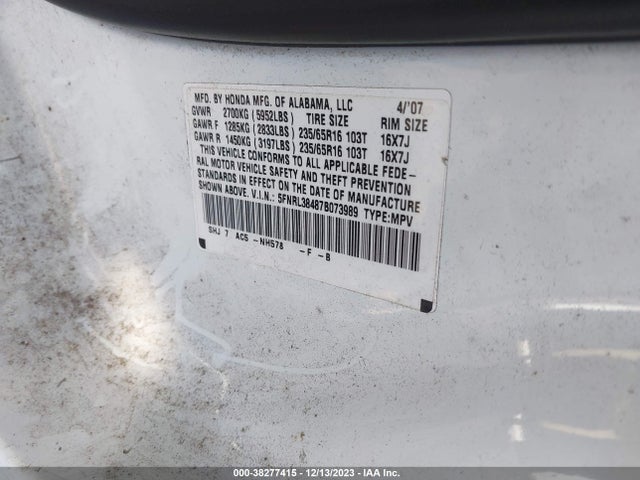 2007 HONDA ODYSSEY EX VIN: 5FNRL38487B073989