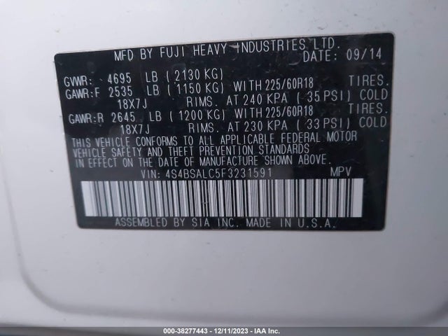 2015 SUBARU OUTBACK 2.5I LIMITED VIN: 4S4BSALC5F3231591