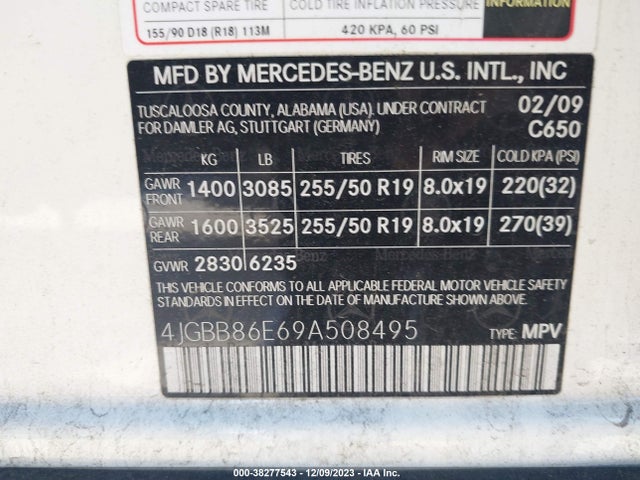 38277543 :رقم المزاد ، 4JGBB86E69A508495 vin ، 2009 Mercedes-benz M-class 3.5l مزاد بيع