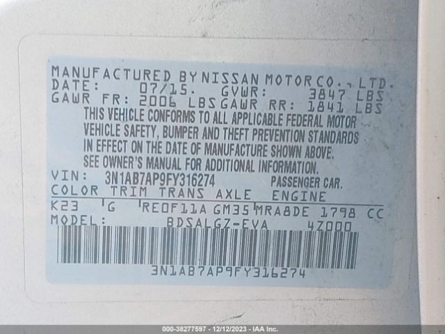 3N1AB7AP9FY316274 Nissan SENTRA SL