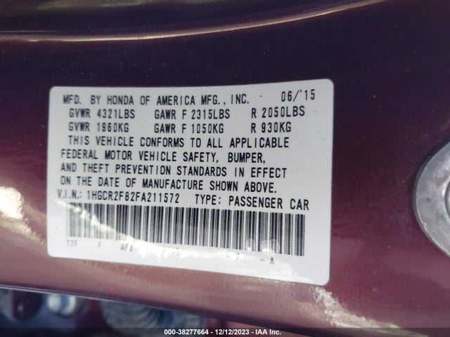 Honda Accord Ex-l 2015 1HGCR2F82FA211572 Image 9