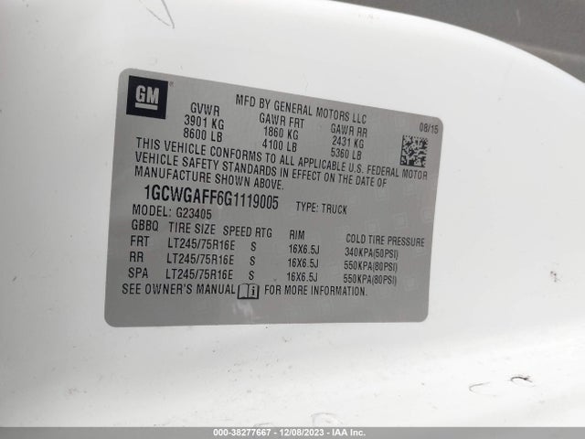 2016 CHEVROLET EXPRESS 2500 WORK VAN VIN: 1GCWGAFF6G1119005