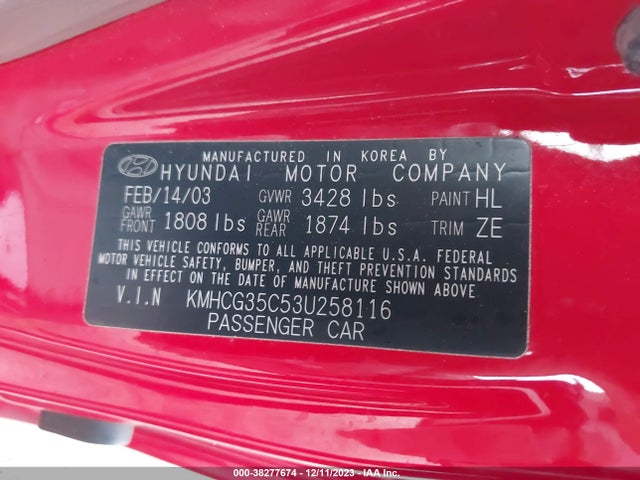 2003 HYUNDAI ACCENT GL VIN: KMHCG35C53U258116