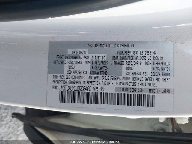 2018 Mazda Cx-9 Touring მანქანა იყიდება აუქციონზე, vin: JM3TCACY3J0208460, აუქციონის ნომერი: 38277797