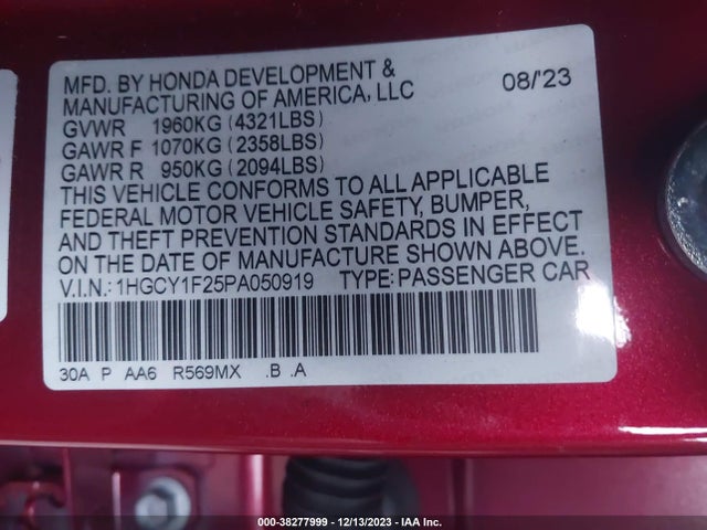 2023 HONDA ACCORD LX VIN: 1HGCY1F25PA050919