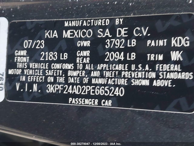 2023 KIA FORTE LXS VIN: 3KPF24AD2PE665240