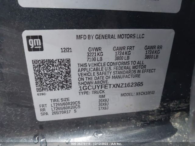 1GCUYFETXNZ162365 Chevrolet Silverado 1500 Ltd 4wd  Short Bed Lt Trail Boss