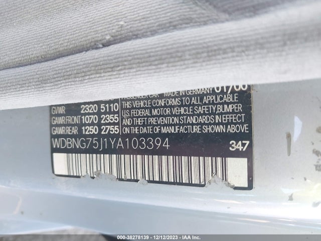 2000 MERCEDES-BENZ S-CLASS BASE A5 VIN: WDBNG75J1YA103394