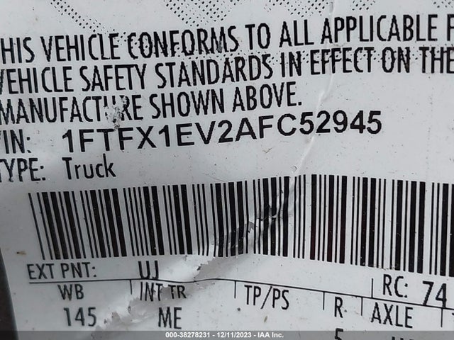 2010 FORD F-150 FX4/LARIAT/XL/XLT VIN: 1FTFX1EV2AFC52945