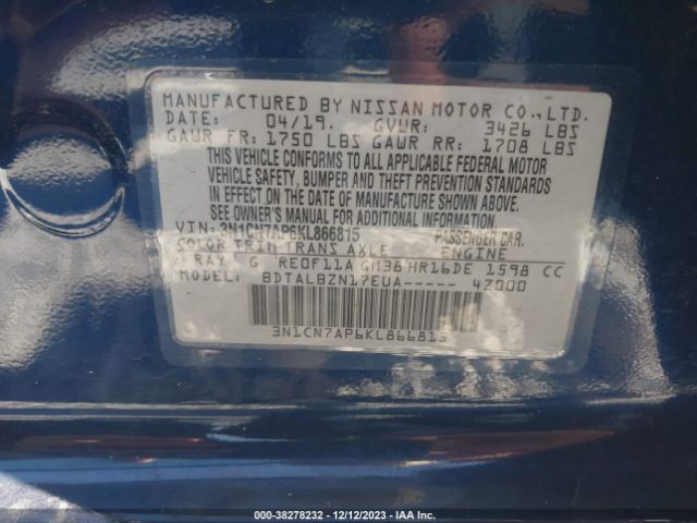 3N1CN7AP6KL866815 Nissan VERSA SV