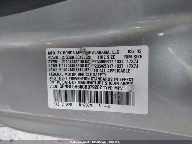 2012 HONDA ODYSSEY EX-L VIN: 5FNRL5H66CB079202