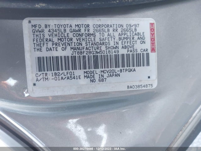 1998 LEXUS ES 300 VIN: JT8BF28G3W5018149