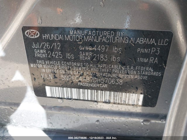 2013 HYUNDAI SONATA LIMITED 2.0T VIN: 5NPEC4AB7DH570638