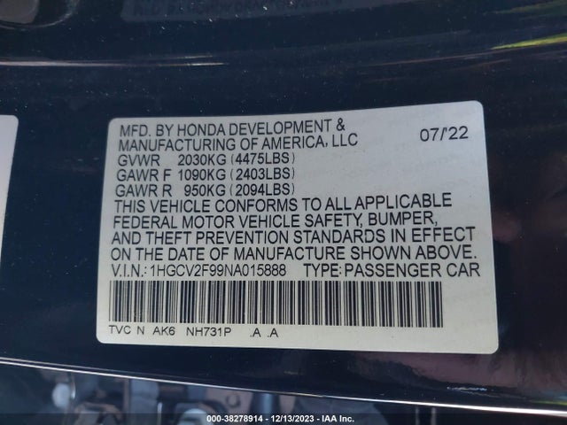 Honda Accord Touring 2022 1HGCV2F99NA015888 Image 9