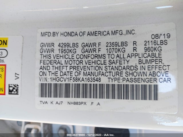 Honda Accord Ex-l 2019 1HGCV1F58KA163548 Image 9